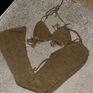 Brown Crochet Bikini Cover Up Set